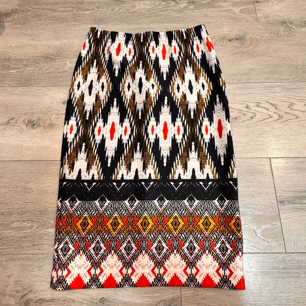 Maeve Black, White, Red, Gold Geometric Pencil Skirt